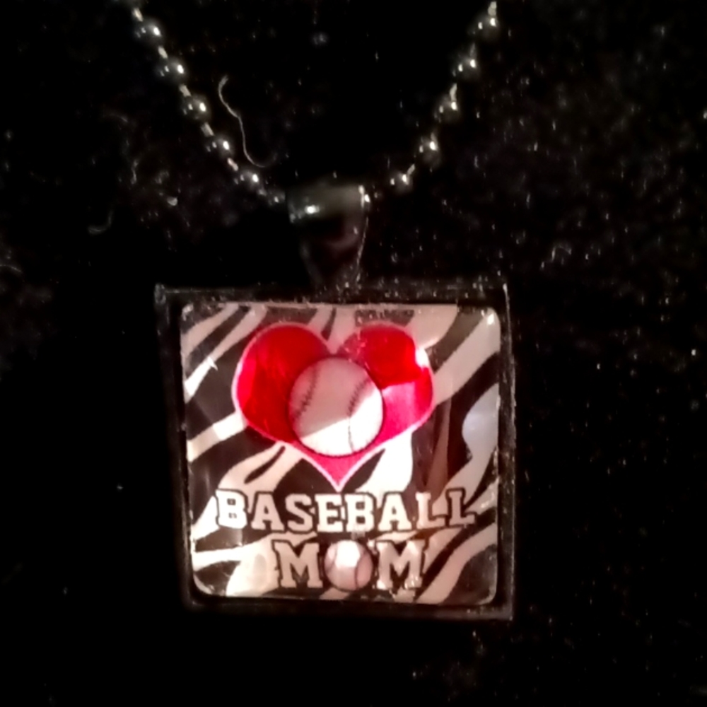 Baseball Mom with heart square pendant necklace